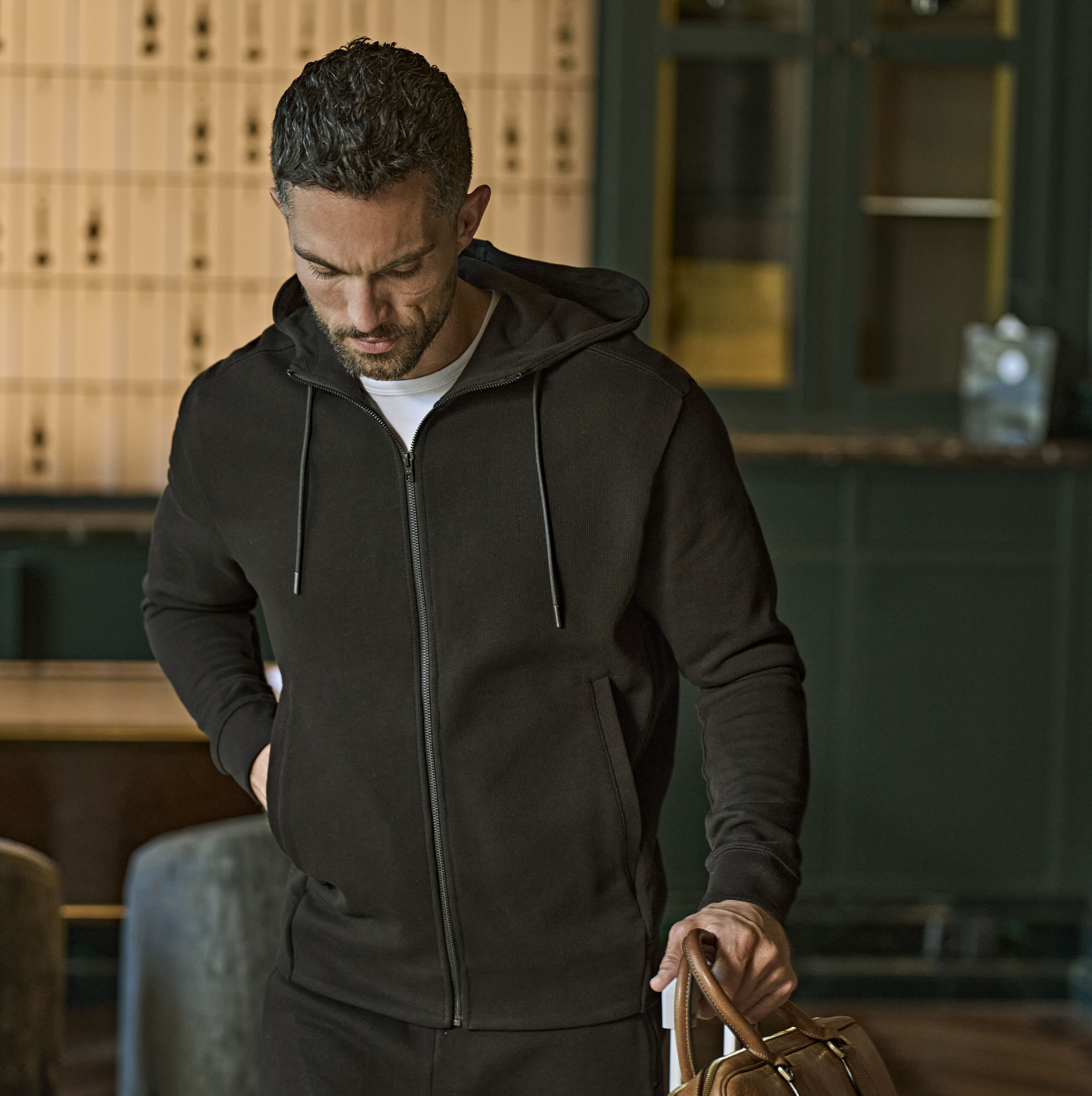 RIBBED INTERLOCK HOODED FULL ZIP